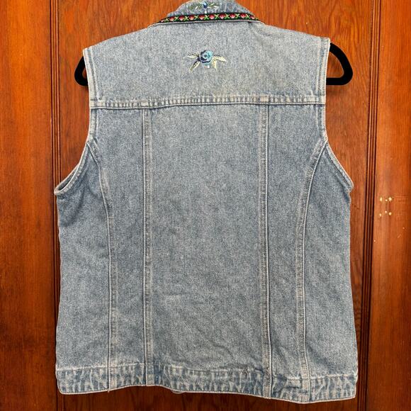 Vintage 90s Bill Blass Embroidered Floral Rhinestone Denim Vest M Cottage Garden - Picture 9 of 13